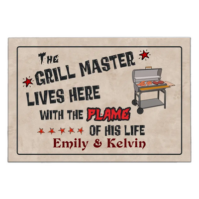 The Grill Master Lives Here With The Flame Of His Life - Personalized Doormat - DM262