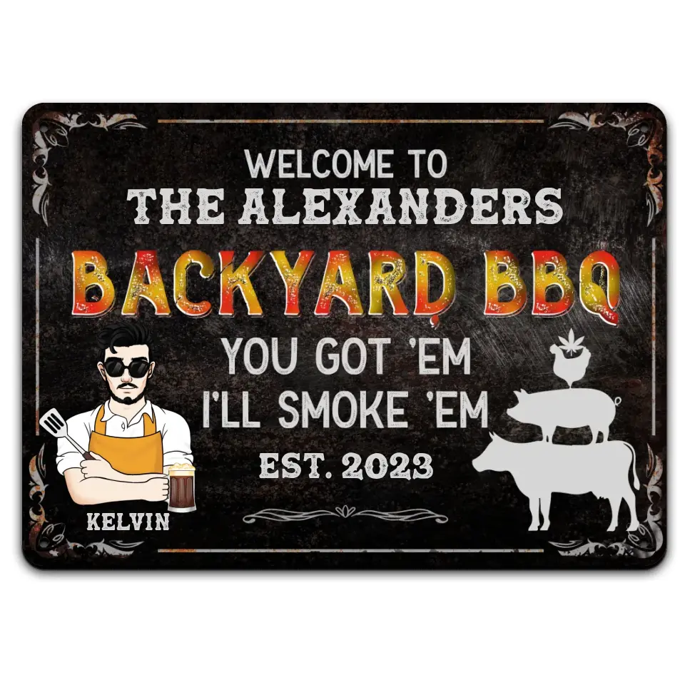 Welcome To Backyard BBQ - Personalized Metal Sign, Smokehouse Backyard Decor, Outdoor Decorating Gift for Family - MTS747