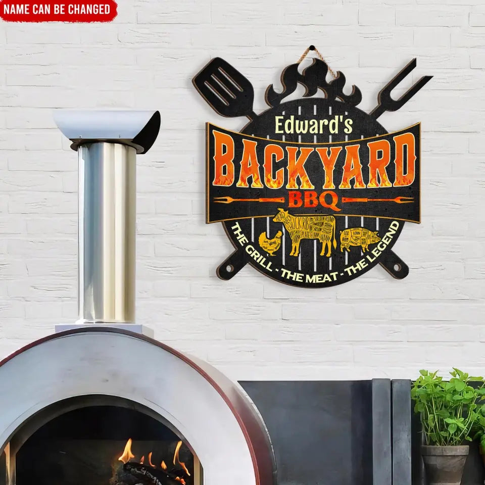 The Grill The Meat The Legend - Personalized Wood Sign, Decor for Steak House, Backyard Outdoor Gift for Housewarming - DS725