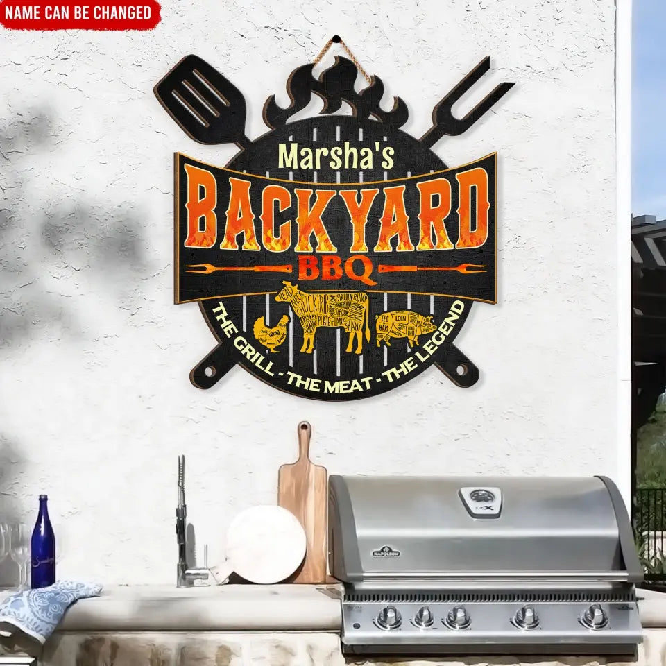 The Grill The Meat The Legend - Personalized Wood Sign, Decor for Steak House, Backyard Outdoor Gift for Housewarming - DS725