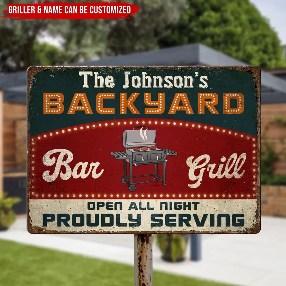Bar & Grill Proudly Serving - Personalized Metal Sign, Smokehouse Sign, Patio Backyard Decor Gift for Family - MTS749