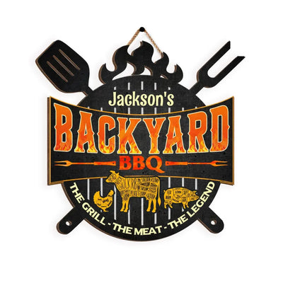 The Grill The Meat The Legend - Personalized Wood Sign, Decor for Steak House, Backyard Outdoor Gift for Housewarming - DS725