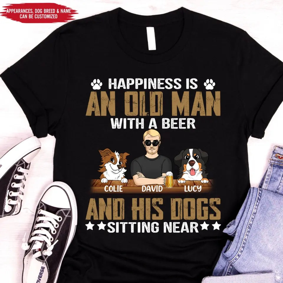 Happiness Is An Old Man With A Beer And His Dog Sitting Near - Personalized T-Shirt, Gift For Dog Dad, Dog Lovers - TS1057