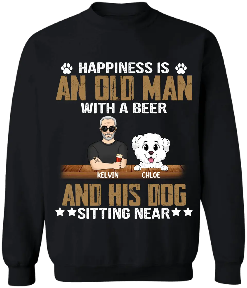 Happiness Is An Old Man With A Beer And His Dog Sitting Near - Personalized T-Shirt, Gift For Dog Dad, Dog Lovers - TS1057