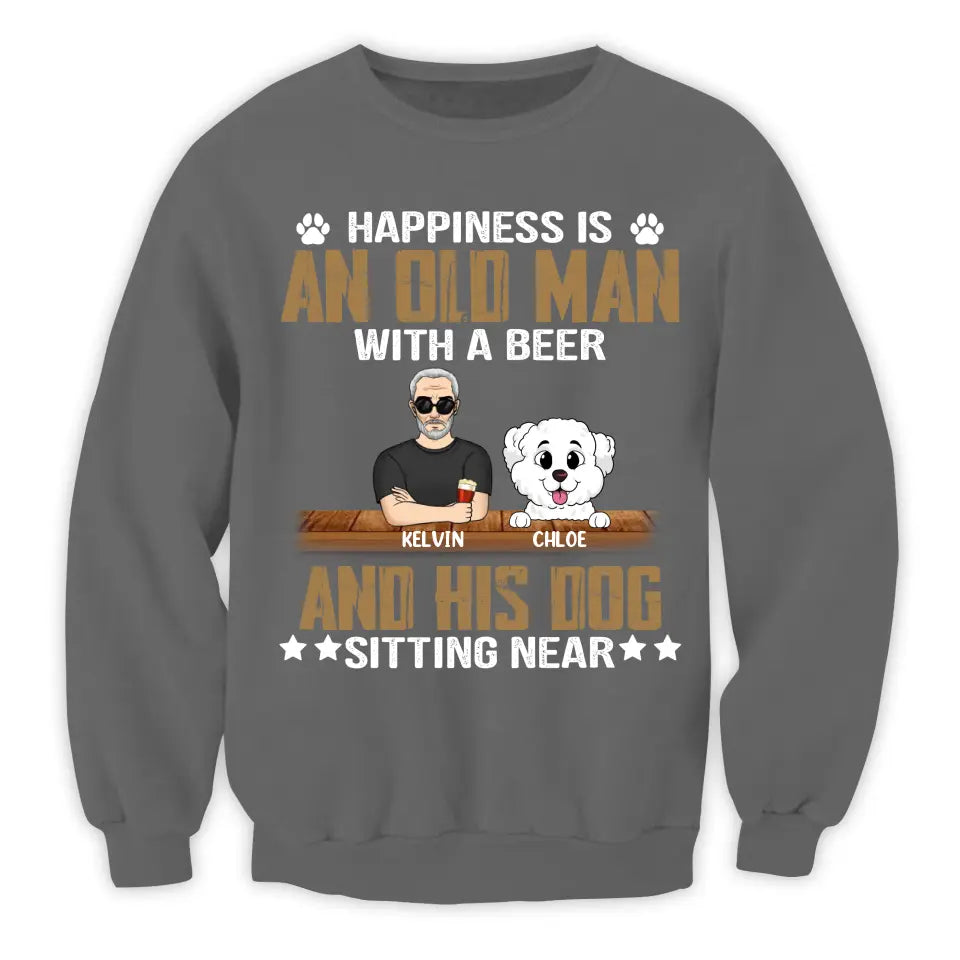 Happiness Is An Old Man With A Beer And His Dog Sitting Near - Personalized T-Shirt, Gift For Dog Dad, Dog Lovers - TS1057