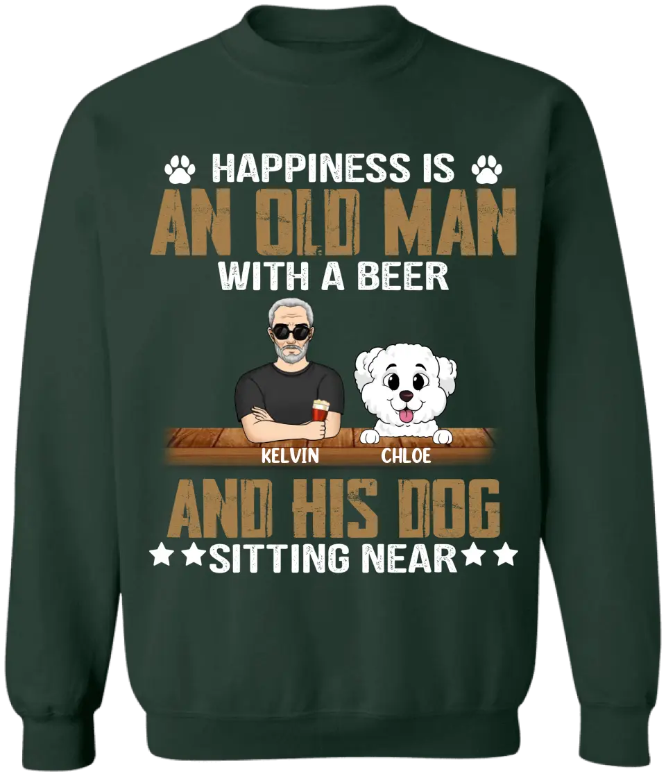 Happiness Is An Old Man With A Beer And His Dog Sitting Near - Personalized T-Shirt, Gift For Dog Dad, Dog Lovers - TS1057