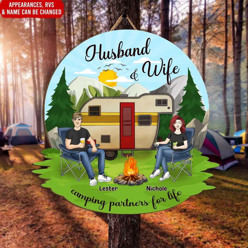 Husband And Wife Camping Partners For Life - Personalized Wood Sign, Camping Gift - DS728
