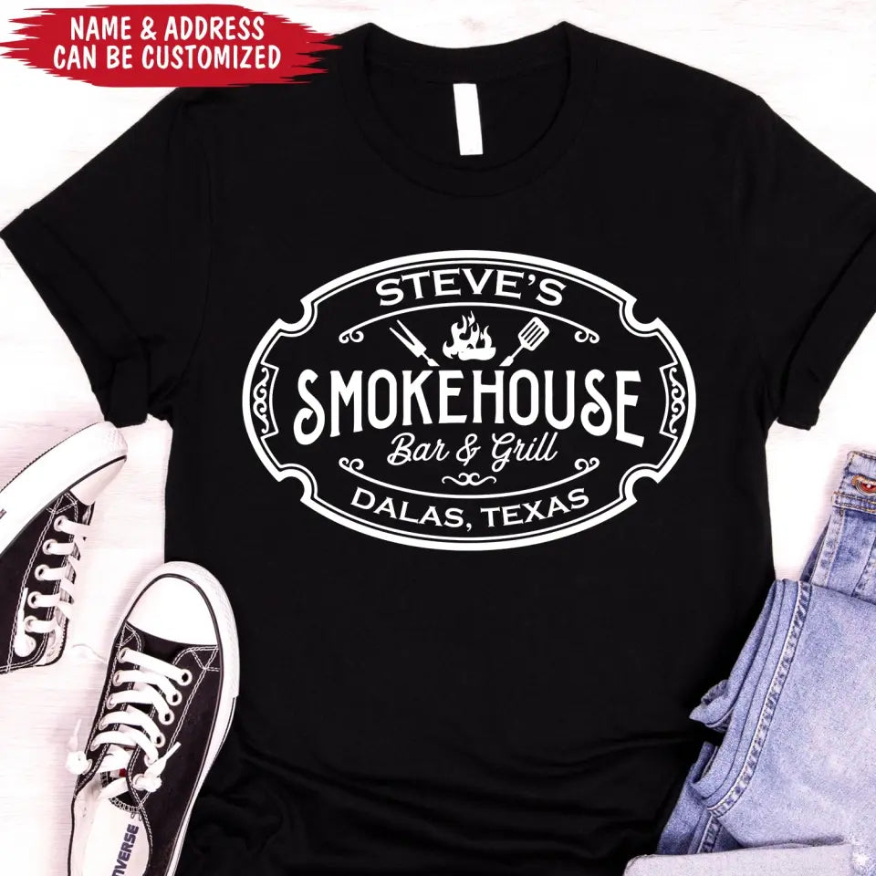 Custom Smokehouse Bar & Grill - Personalized T-Shirt, Funny Grilling Gift, Smoker Shirt - TS1066