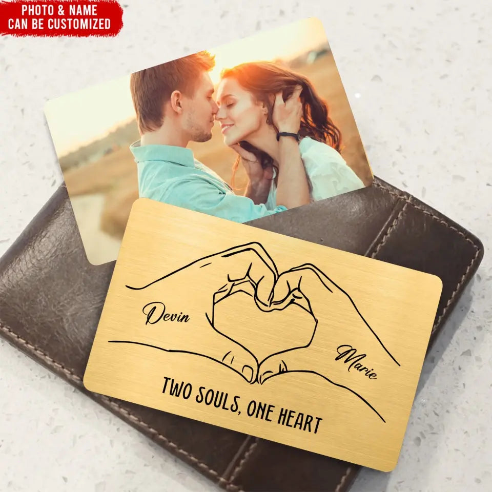 Two Souls One Heart with Couple Photo - Personalized Metal Wallet Card, Anniversary Gift for Him/Her/Wife/Husband/Finance - MC12