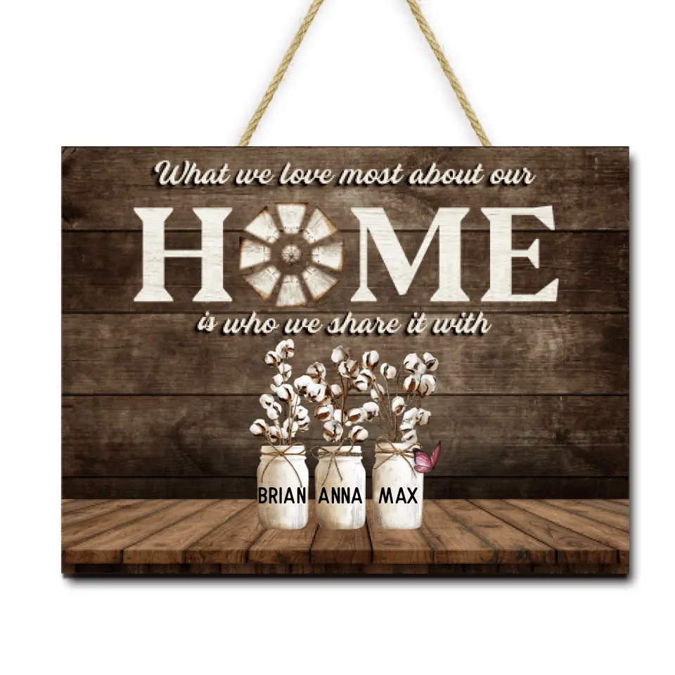 What We Love Most About Our Home Is Who We Share It With - Personalized Wooden Sign 2 Layer