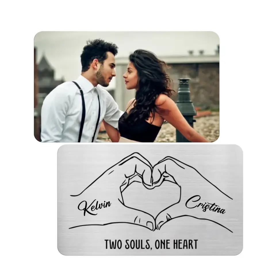 Two Souls One Heart with Couple Photo - Personalized Metal Wallet Card, Anniversary Gift for Him/Her/Wife/Husband/Finance - MC12