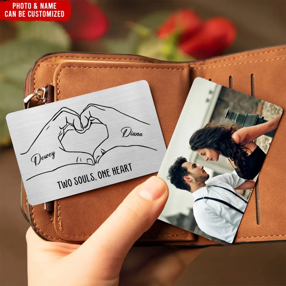 Two Souls One Heart with Couple Photo - Personalized Metal Wallet Card, Anniversary Gift for Him/Her/Wife/Husband/Finance - MC12