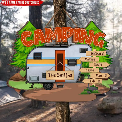 Family Arrow Name Sign With RVs - Personalized Wooden Sign, Sign Gift For Camping Lover - DS738