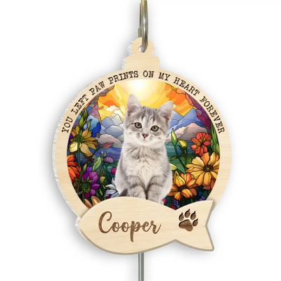 You Left Paw Prints On My Heart Forever Custom Photo - Personalized Memorial Suncatcher Hanging, Sympathy Gift for Loss of Cat/Loss of Pet - SH08