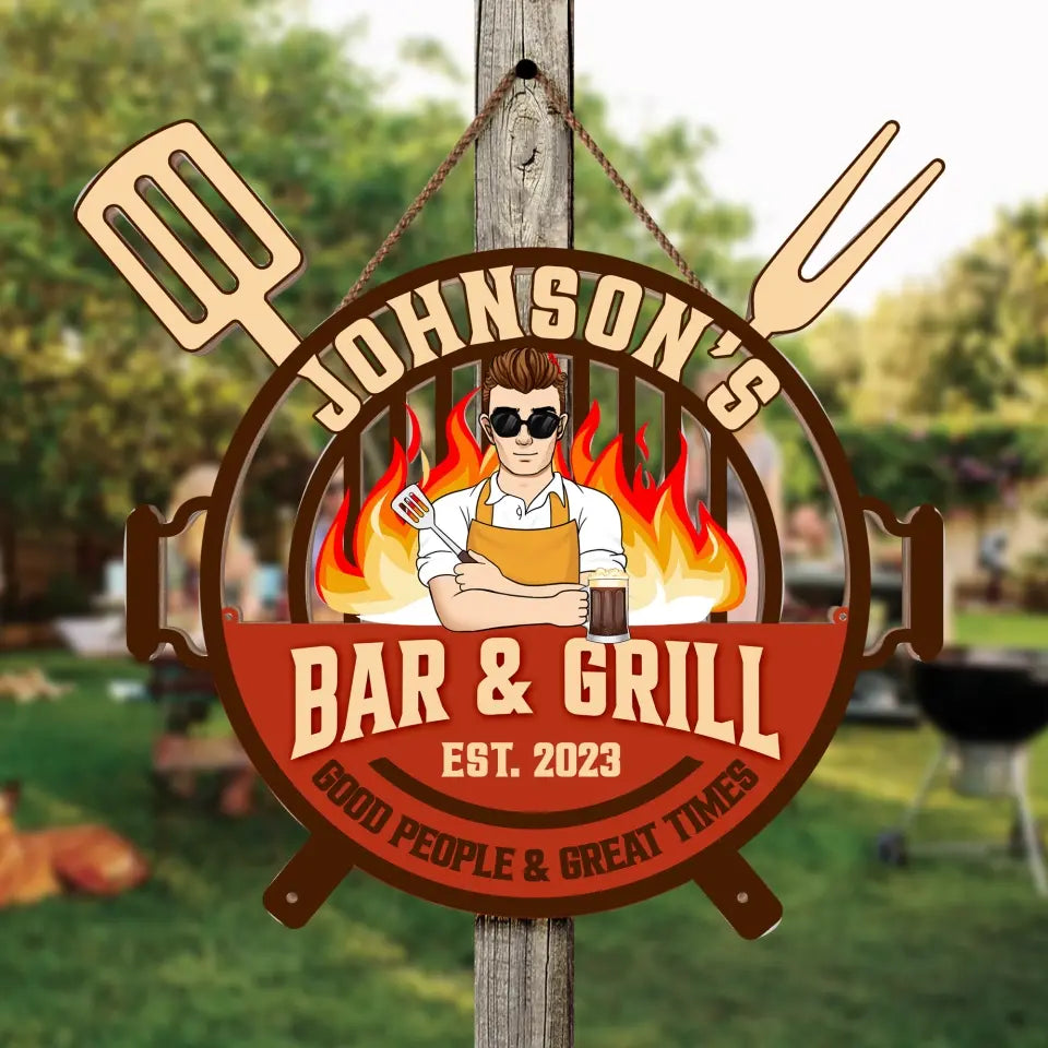 Bar & Grill Good People & Great Times - Personalized Wood Sign - DS731