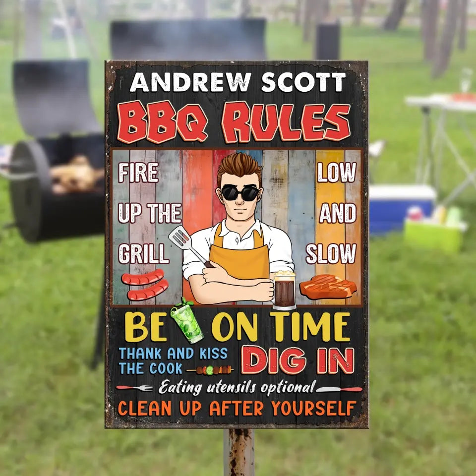 BBQ Rules Fire Up The Grill Low And Slow - Personalized Metal Sign - MTS757