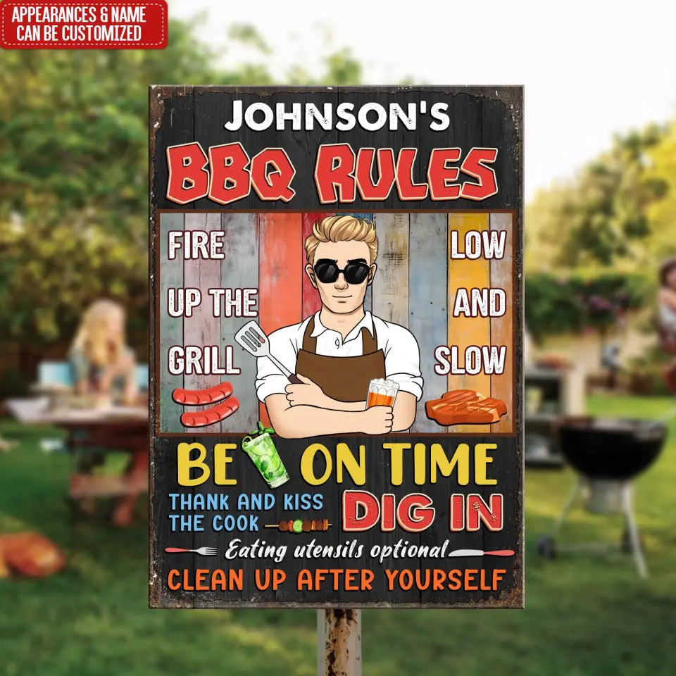 BBQ Rules Fire Up The Grill Low And Slow - Personalized Metal Sign - MTS757