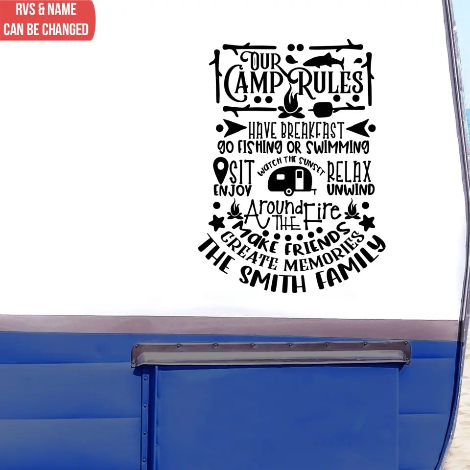 Our Camp Rules Have Breakfast Go Fishing Or Swimming - Personalized Decal, Decal Gift For Camping Lover - PCD105