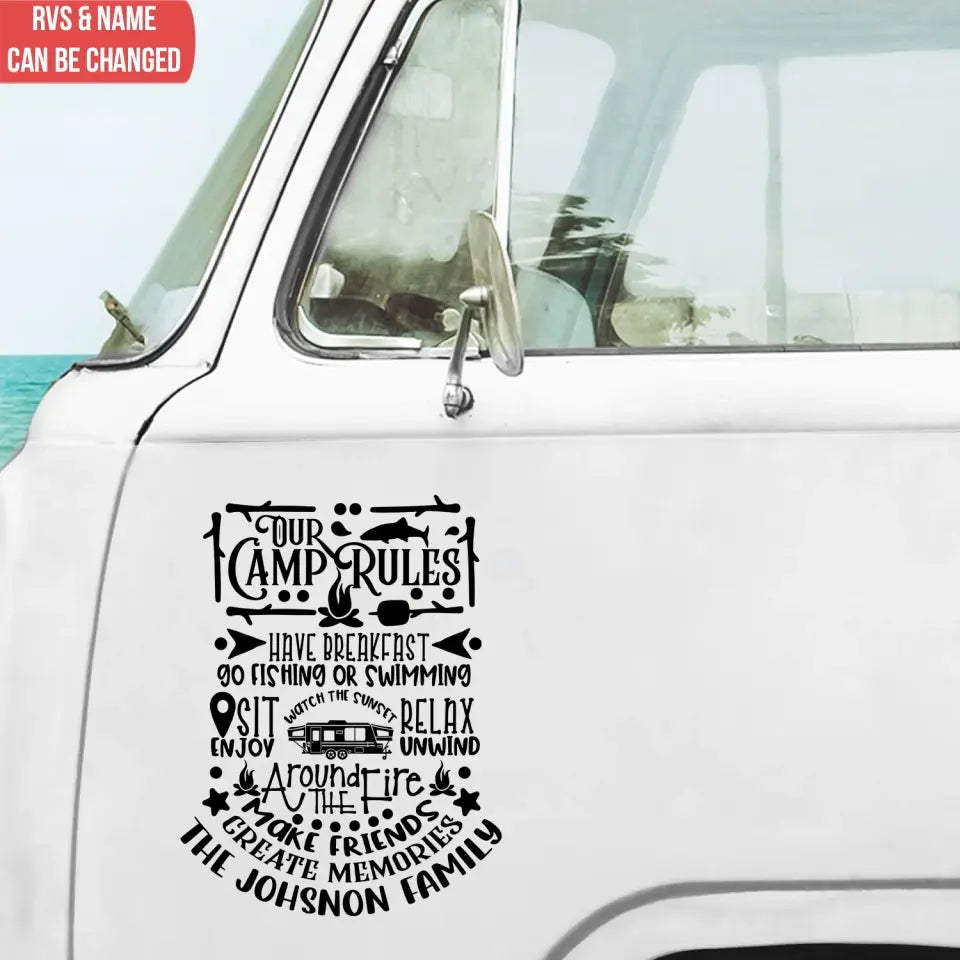 Our Camp Rules Have Breakfast Go Fishing Or Swimming - Personalized Decal, Decal Gift For Camping Lover - PCD105