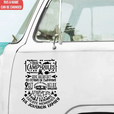 Our Camp Rules Have Breakfast Go Fishing Or Swimming - Personalized Decal, Decal Gift For Camping Lover - PCD105