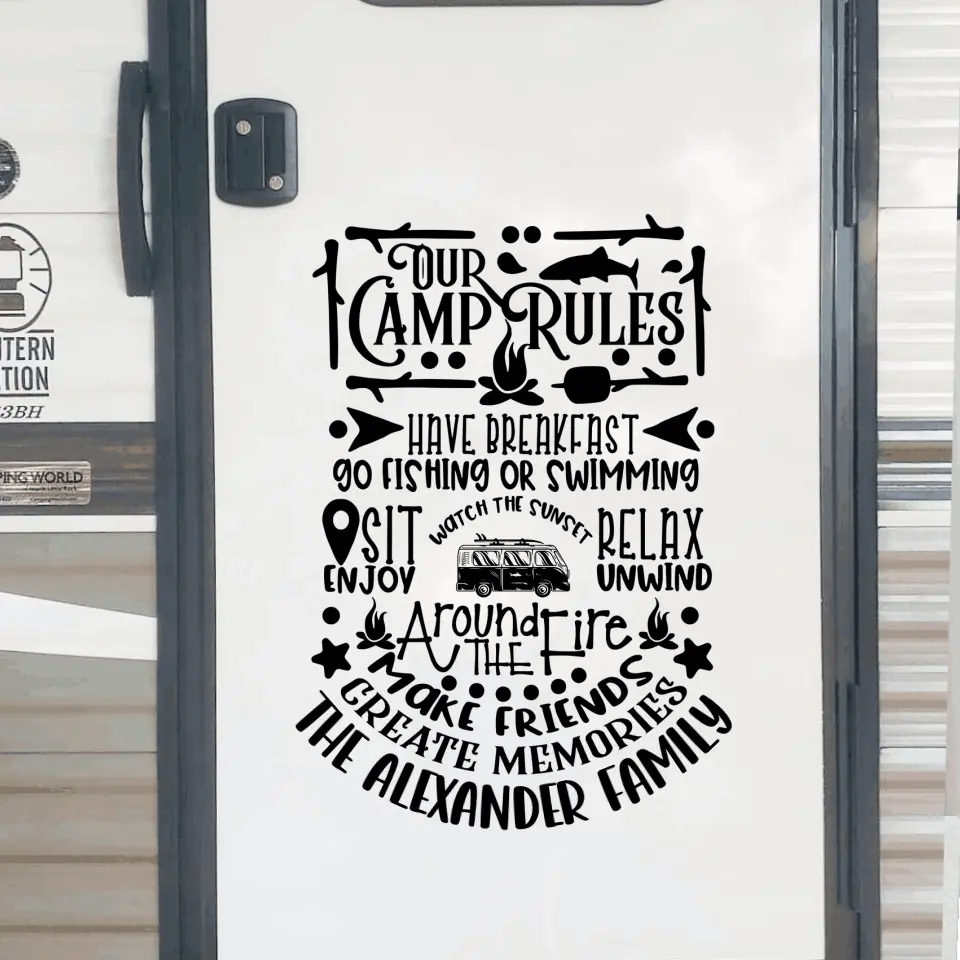 Our Camp Rules Have Breakfast Go Fishing Or Swimming - Personalized Decal, Decal Gift For Camping Lover - PCD105