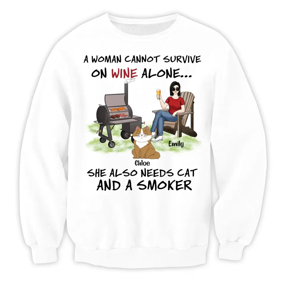 A Woman Cannot Survive On Wine Alone She Also Needs Cats And A Smoker - Personalized T-Shirt, T-Shirt Gift For Cat Lover - TS1095