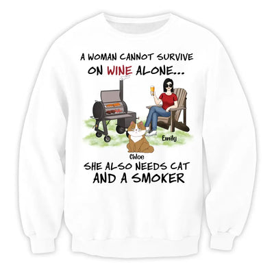 A Woman Cannot Survive On Wine Alone She Also Needs Cats And A Smoker - Personalized T-Shirt, T-Shirt Gift For Cat Lover - TS1095