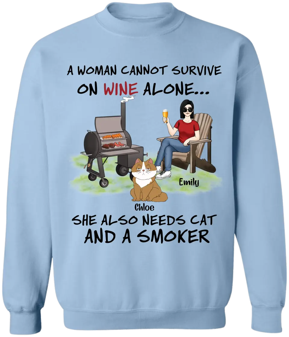 A Woman Cannot Survive On Wine Alone She Also Needs Cats And A Smoker - Personalized T-Shirt, T-Shirt Gift For Cat Lover - TS1095