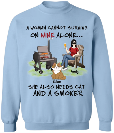 A Woman Cannot Survive On Wine Alone She Also Needs Cats And A Smoker - Personalized T-Shirt, T-Shirt Gift For Cat Lover - TS1095