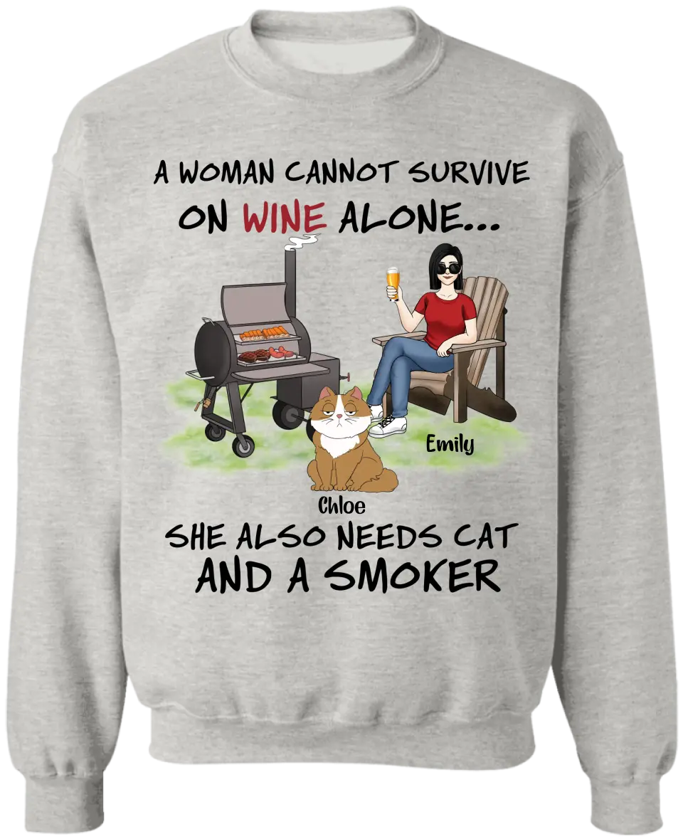 A Woman Cannot Survive On Wine Alone She Also Needs Cats And A Smoker - Personalized T-Shirt, T-Shirt Gift For Cat Lover - TS1095
