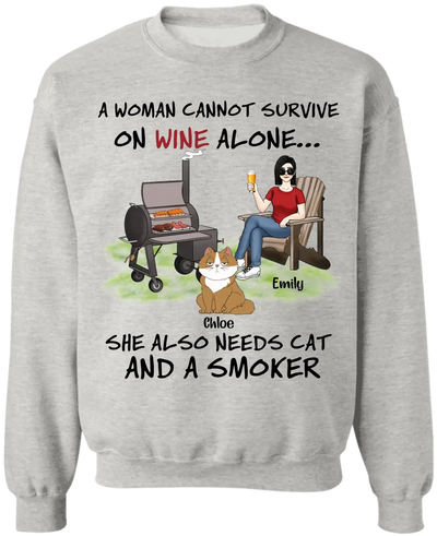 A Woman Cannot Survive On Wine Alone She Also Needs Cats And A Smoker - Personalized T-Shirt, T-Shirt Gift For Cat Lover - TS1095