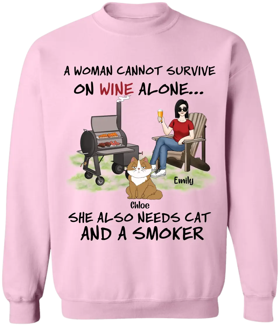 A Woman Cannot Survive On Wine Alone She Also Needs Cats And A Smoker - Personalized T-Shirt, T-Shirt Gift For Cat Lover - TS1095