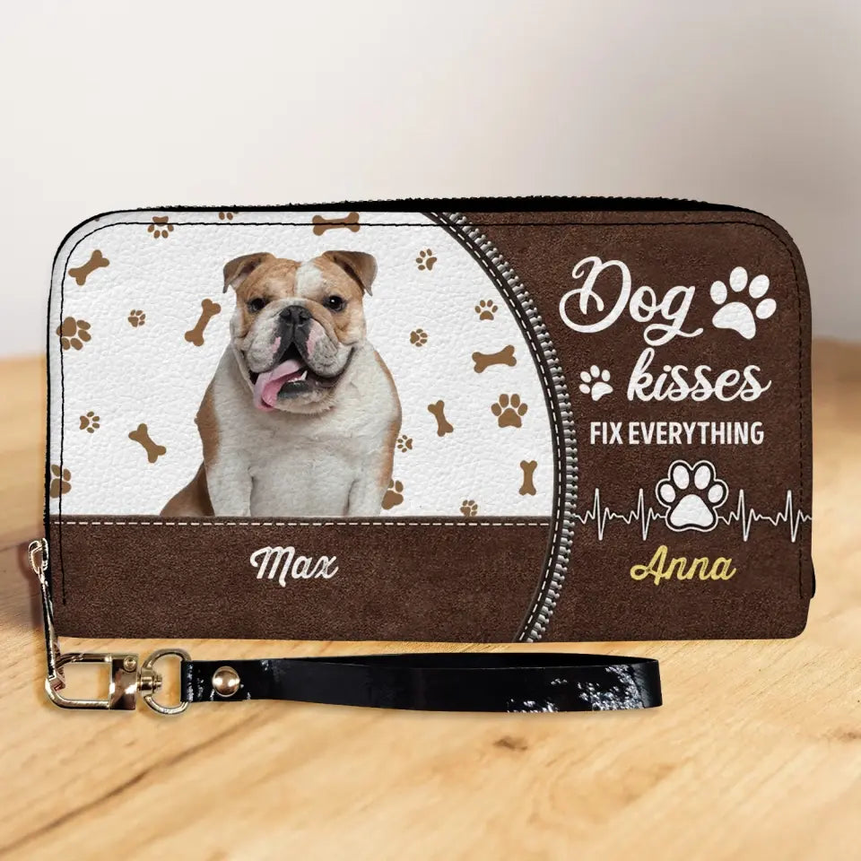 Dog Kisses Fix Everything -  Personalized Leather Wallet, Gift For Dog Lovers, Dog Mom, Dog Dad - LW02