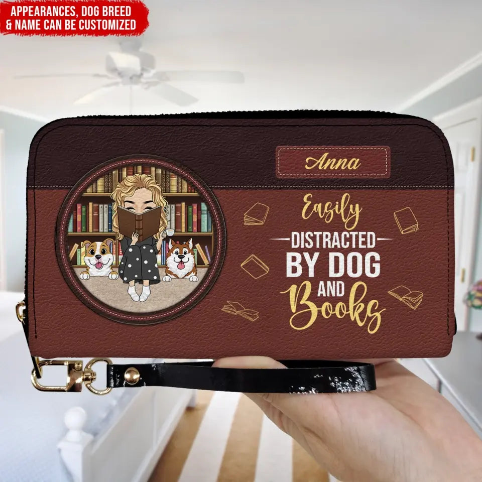 Easily Distracted By Dogs And Books - Personalized Leather Wallet, Gift For Book Lovers, Dog Lovers - LW04