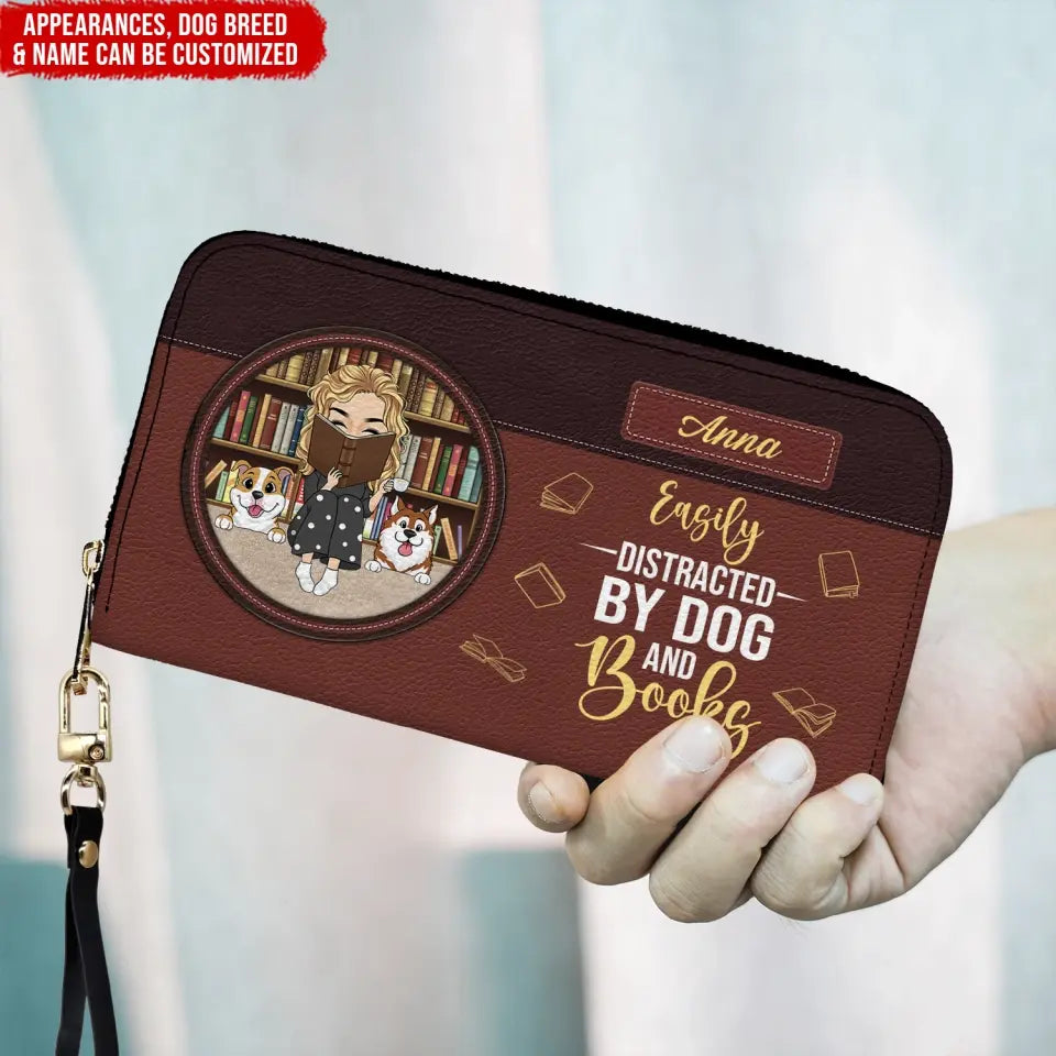 Easily Distracted By Dogs And Books - Personalized Leather Wallet, Gift For Book Lovers, Dog Lovers - LW04