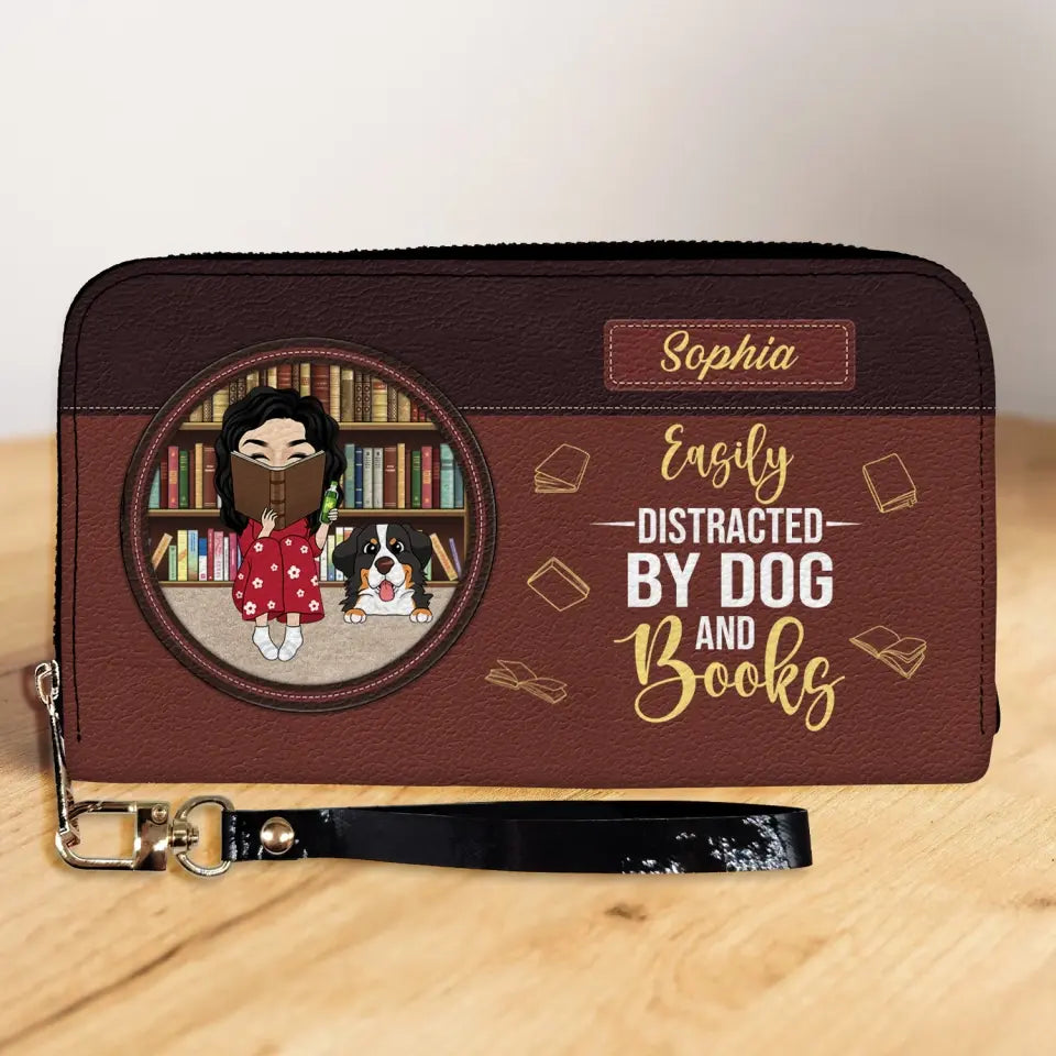 Easily Distracted By Dogs And Books - Personalized Leather Wallet, Gift For Book Lovers, Dog Lovers - LW04