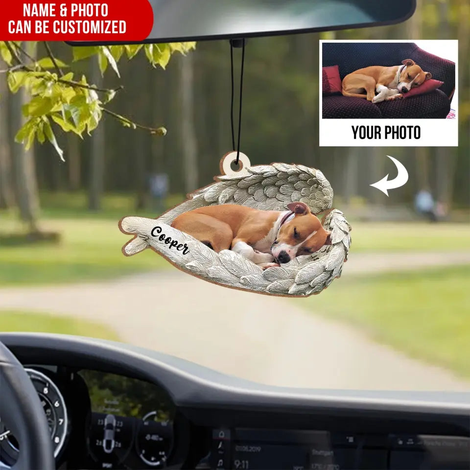 Sleeping Pet Within Angel Wings - Personalized Air Freshener, Custom Photo Car Hanger, Pet Loss Gifts - AFS02