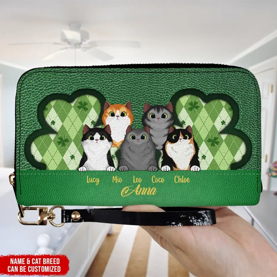 Saint Patrick's Day Cat - Personalized Leather Wallet, Gift For Cat Lovers - LW10