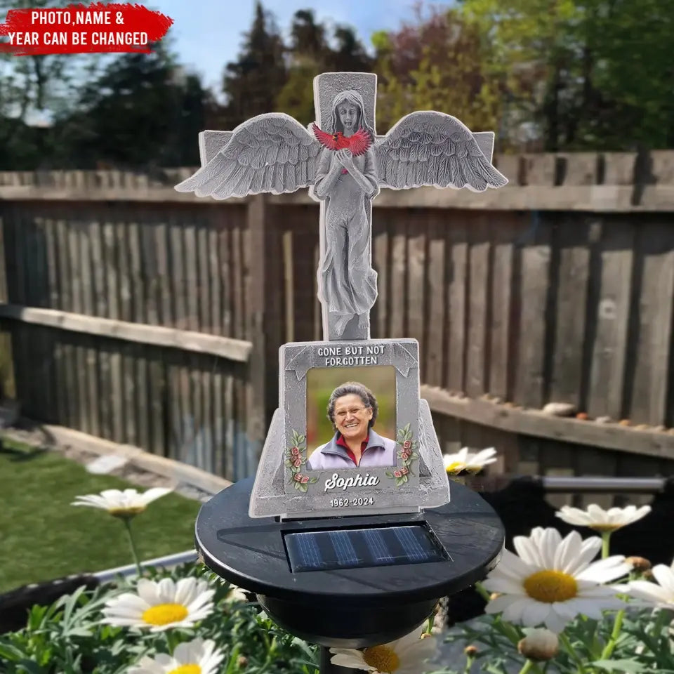 Angel Cross With Bird - Personalized Solar Light, Angel Cemetery Decoration Grave Headstone Memorial - SL148