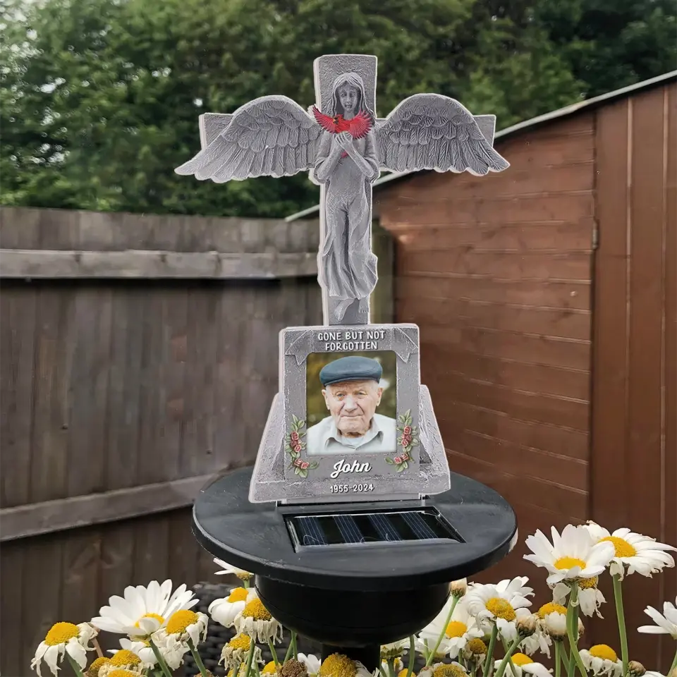 Angel Cross With Bird - Personalized Solar Light, Angel Cemetery Decoration Grave Headstone Memorial - SL148