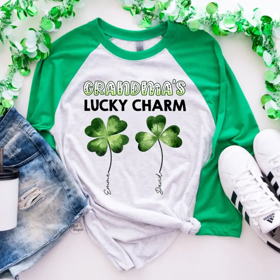 Grandma's Luck Charms Shamrock - Personalized T-shirt, St Patrick's Gift For Grandma/Nana/Gigi - TS1116