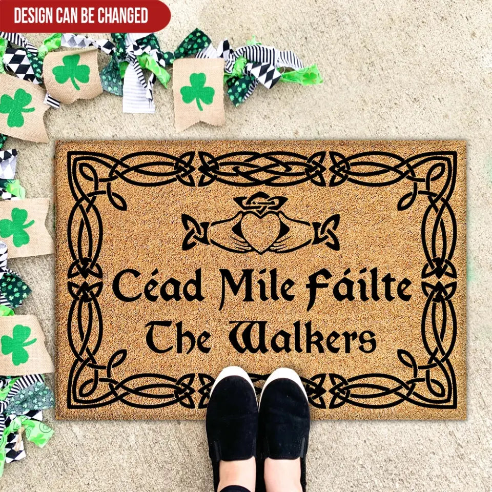 A Hundred Thousand Welcomes - Personalized Doormat, Celtic Irish Gift, Name Irish Claddagh Doormat - DM269