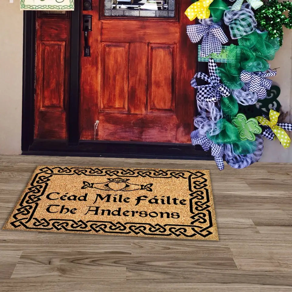 A Hundred Thousand Welcomes - Personalized Doormat, Celtic Irish Gift, Name Irish Claddagh Doormat - DM269