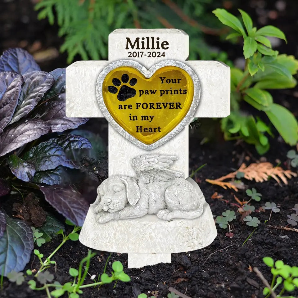 Paw Prints Are Forever In Our Hearts Sleeping Dog Angel - Personalized Plaque Stake, Dog Memorial Gift, Pet Loss Sympathy Gift
