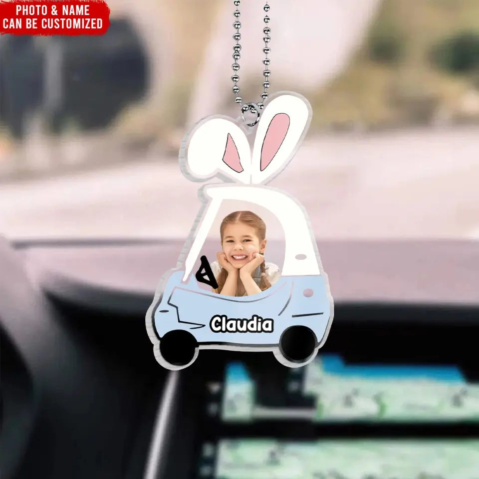 Cute Customizable Little Kid Push Car With Bunny Ears - Personalized Acrylic Car Hanger - ACH19
