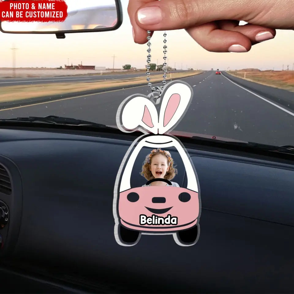 Cute Customizable Little Kid Push Car With Bunny Ears - Personalized Acrylic Car Hanger - ACH19