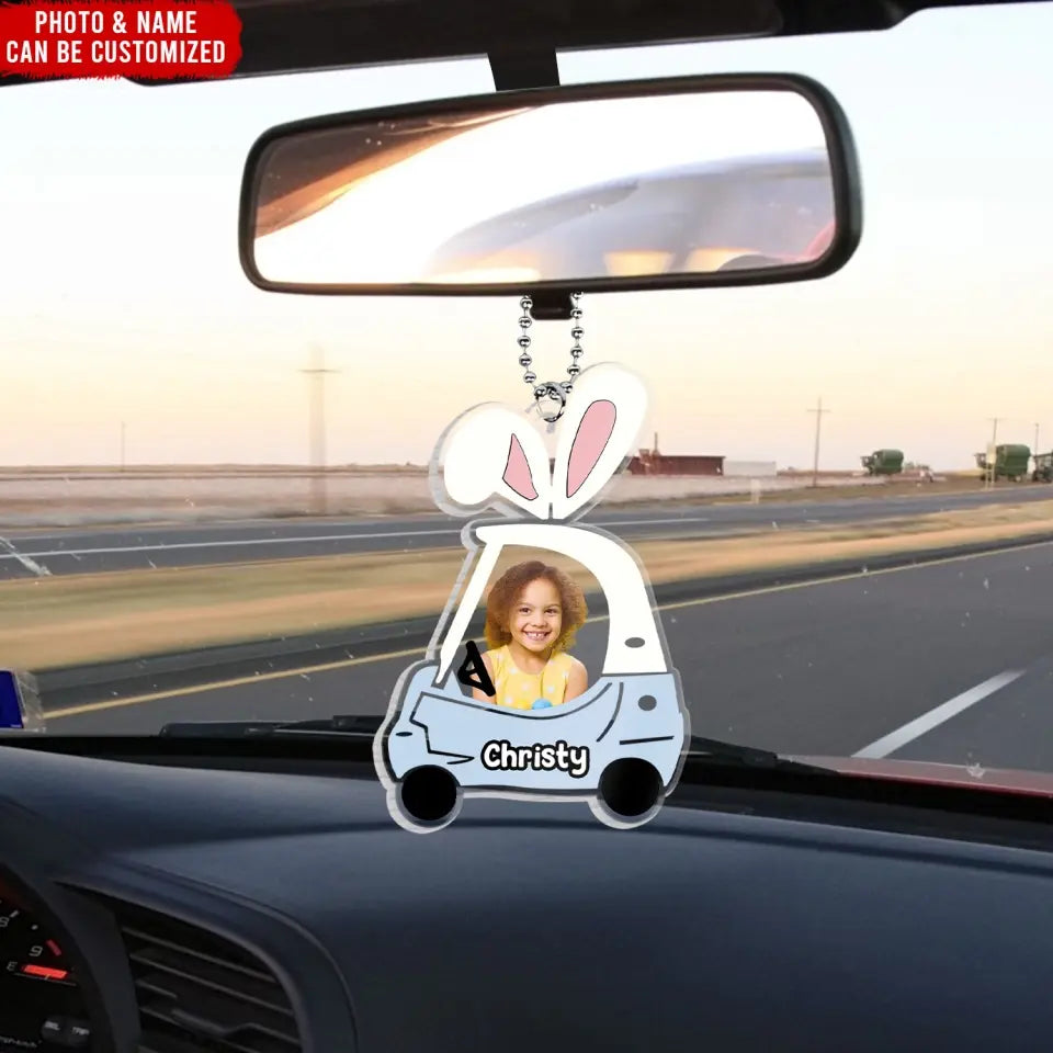Cute Customizable Little Kid Push Car With Bunny Ears - Personalized Acrylic Car Hanger - ACH19