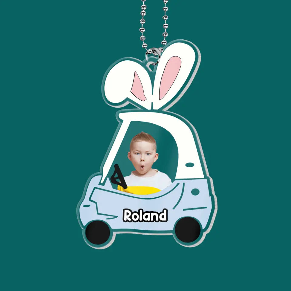 Cute Customizable Little Kid Push Car With Bunny Ears - Personalized Acrylic Car Hanger - ACH19