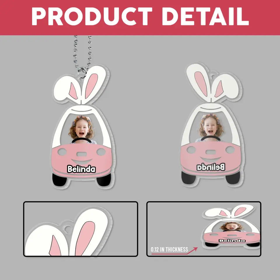 Cute Customizable Little Kid Push Car With Bunny Ears - Personalized Acrylic Car Hanger - ACH19