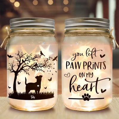 You Left Pawprints In Our Hearts - Personalized Mason Jar Light, Loss of Dog Memorial Gift for Dog Lovers/Dog Mom/Dog Dad - MJL01